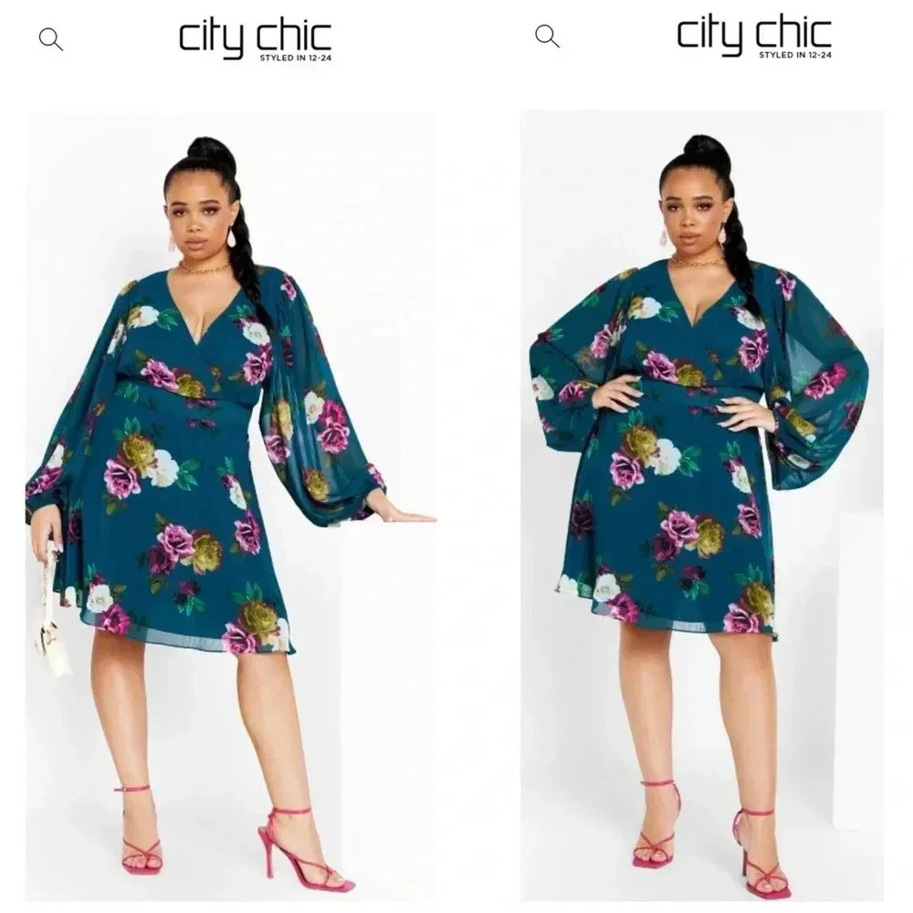 NWT CITY Chic Teal Floral Print Long Sleeve Wrap Dress Size L